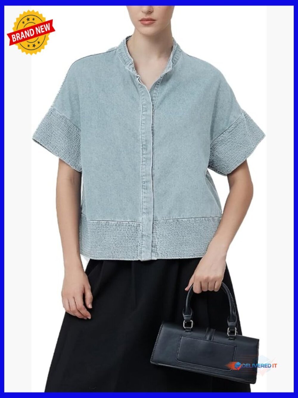 Button Down Short Sleeve Denim Shirt Casual Loose Fit Top